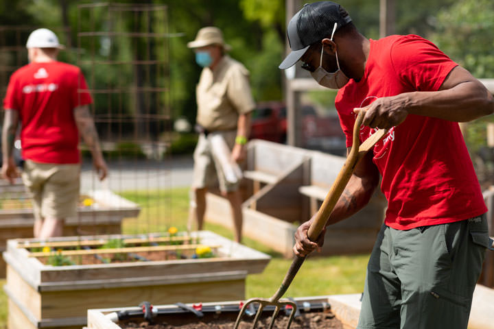 Los voluntarios de Red Hat cultivan verduras en una huerta comunitaria.