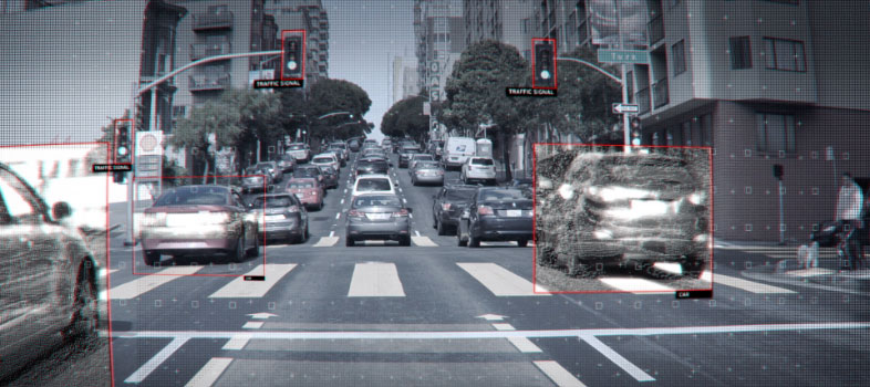 Vista di una strada con veicoli IA a guida autonoma