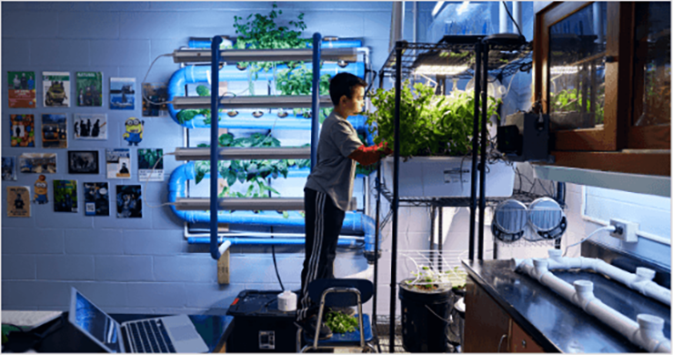 student in lab with plants