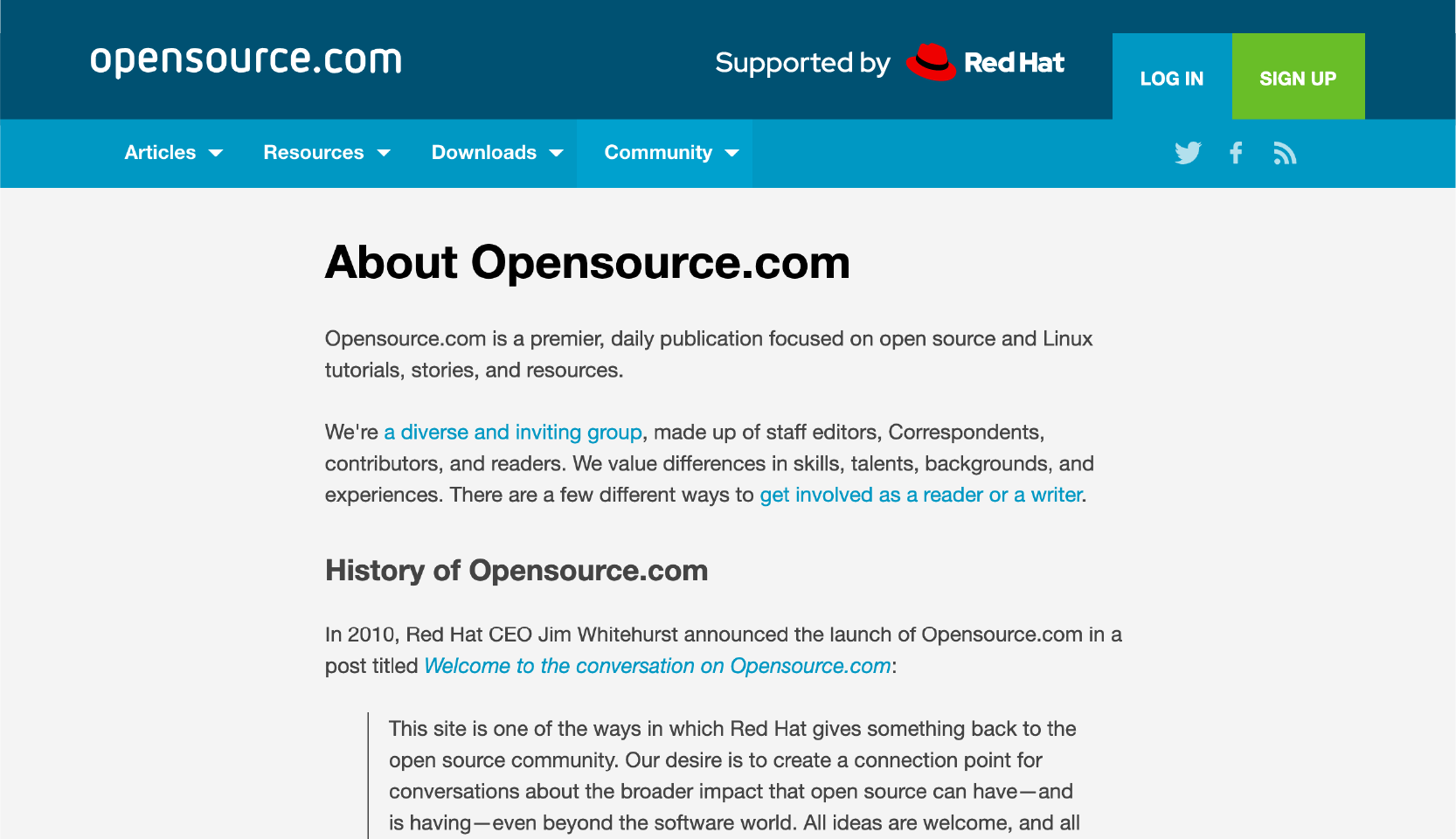 Screenshot of the Open-Source-Dot-Com about page which features a Red Hat endorsement logo in the upper right corner.