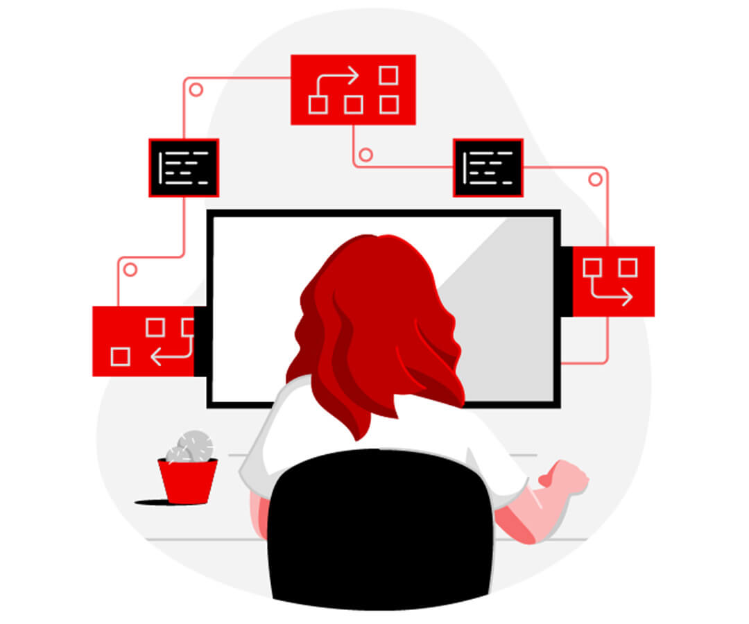 Illustration d'une personne aux longs cheveux rouges qui travaille à son bureau, face à un ordinateur