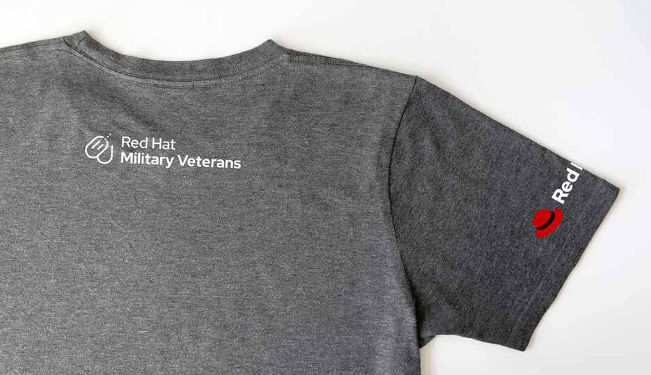 Image of a t-shirt with the Red Hat Military Veterans logo on the neck and the Red Hat logo on the sleeve.