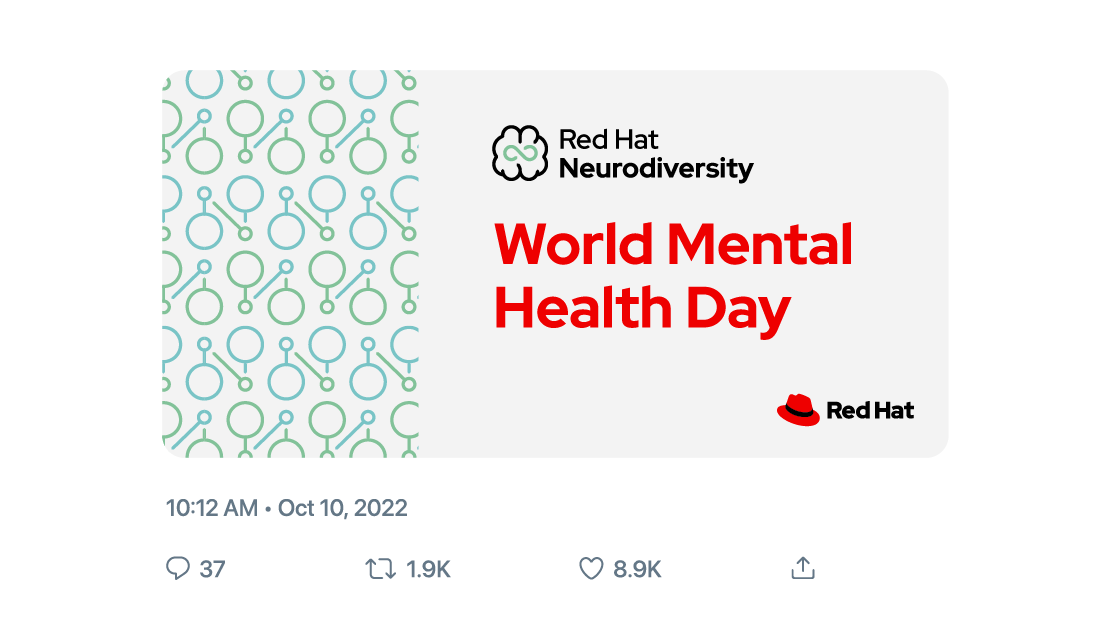 Example of a social media post for World Mental Health Day from Red Hat Neurodiversity.