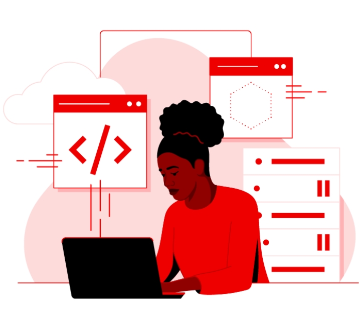 Bild einer Entwicklerin, die an ihrem Computer arbeitet, mit Abbildungen von Workflows im Hintergrund