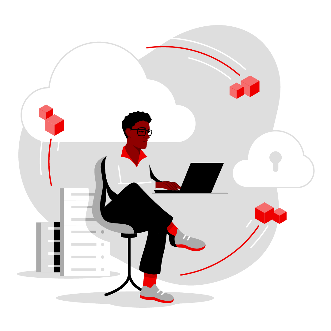 Illustration of man developing on his laptop with clouds in the background