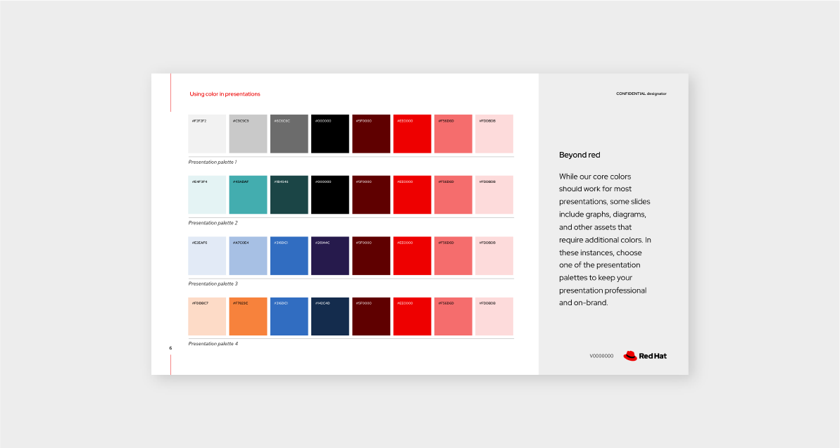 Presentation slide showing the available color palettes in the Red Hat presentation template