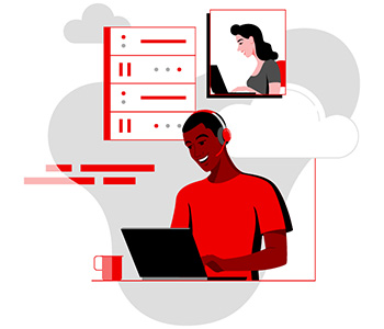 Illustration of a man offering a woman technical support
