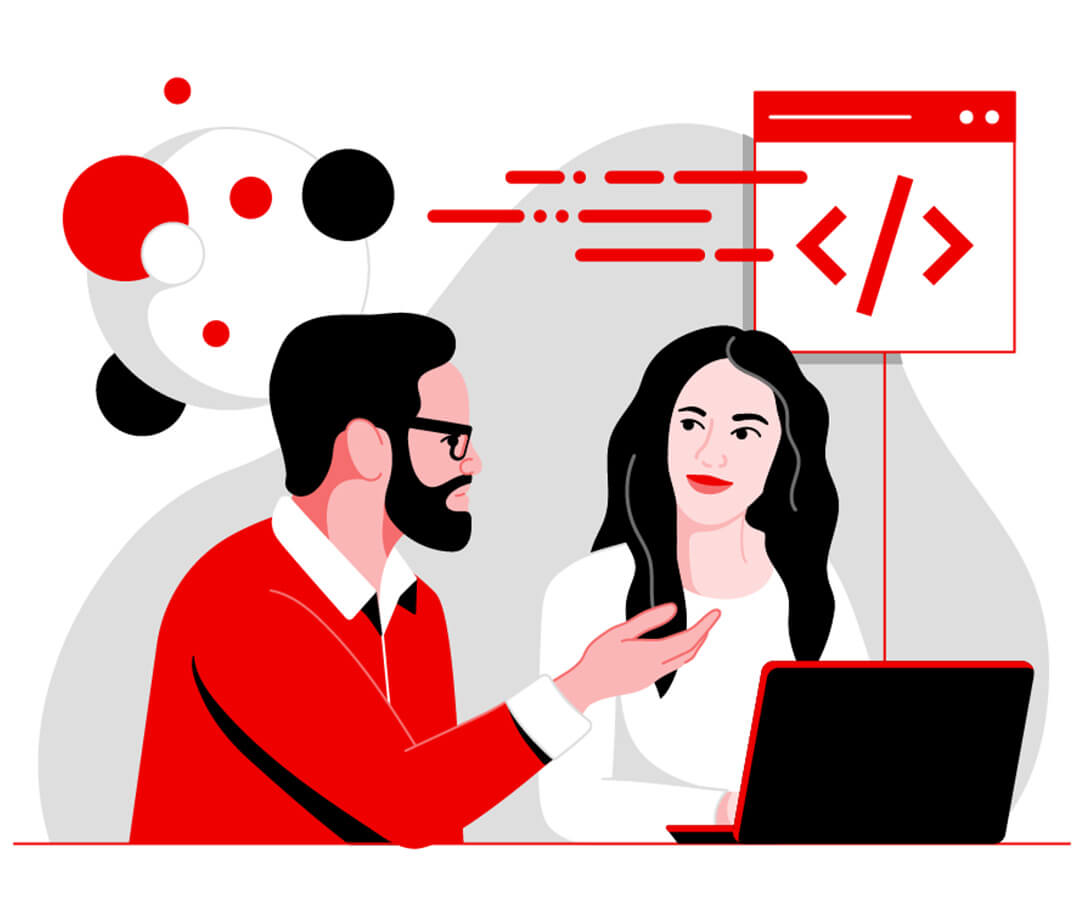 Illustration of man and women consulting at a desk