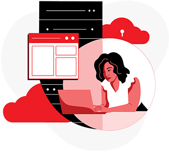 Illustration of a woman working on a computer with clouds and computer servers in the background