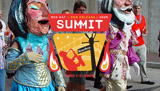 An advertisement for the original Red Hat Summit featuring a jazz artist and costumed figures.