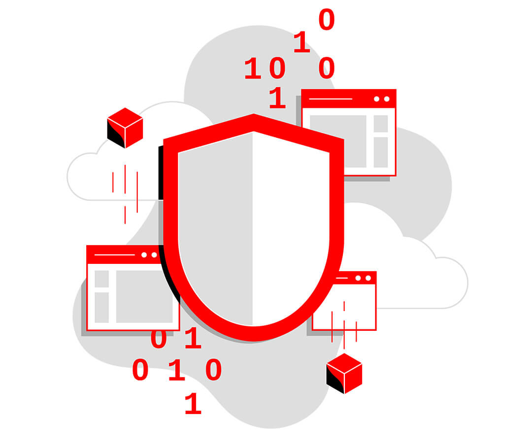 Illustrazione di un badge di sicurezza sullo sfondo di pagine web, 1 e 0