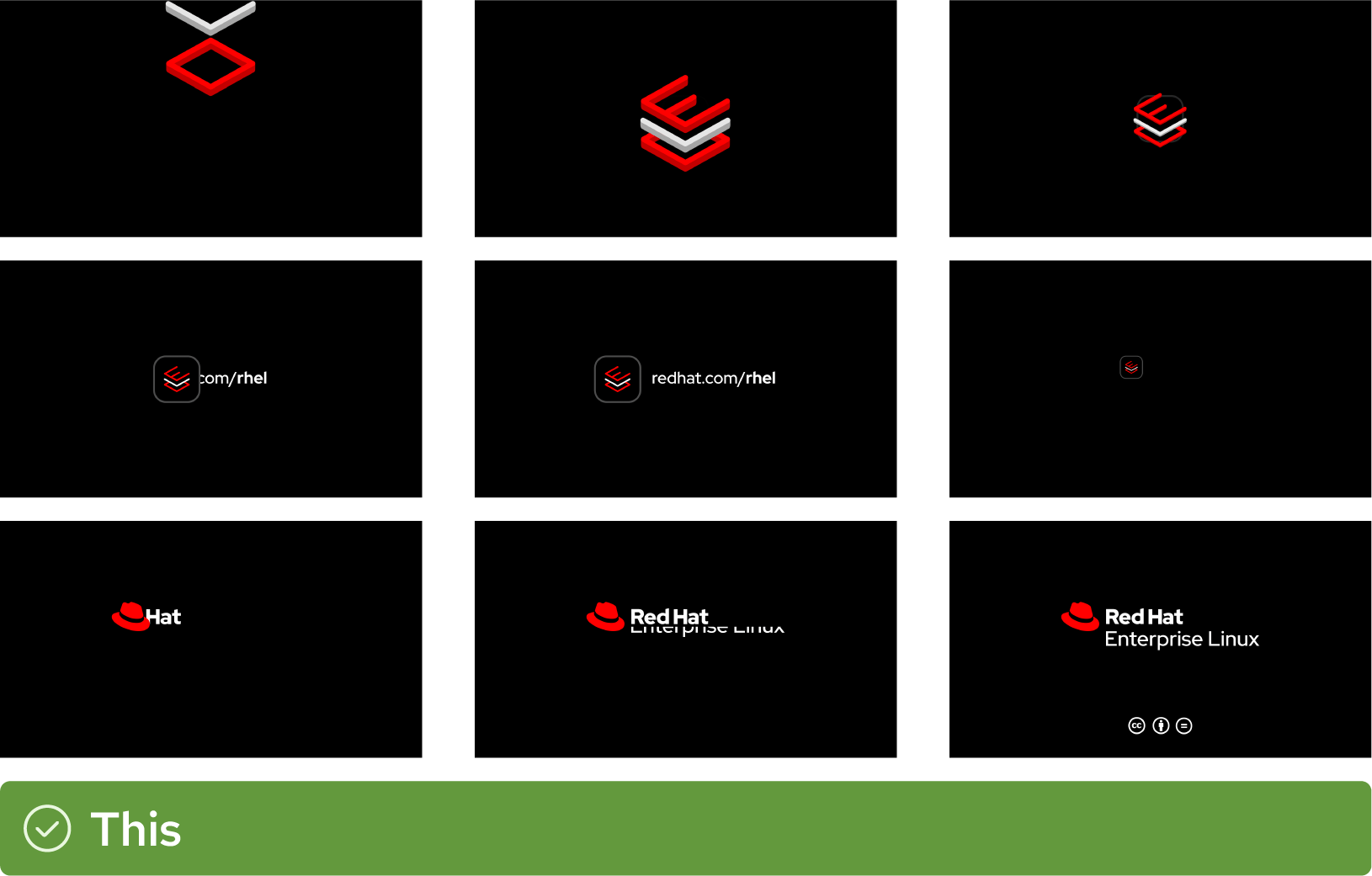 Nine keyframes from the Red Hat Enterprise Linux video outro show the Enterprise Linux technology flying in from above the frame. The icon settles beside the URL “redhat.com/rhel.” After a few seconds, the icon fades into the background and the Red Hat Enterprise Linux product logo appears.