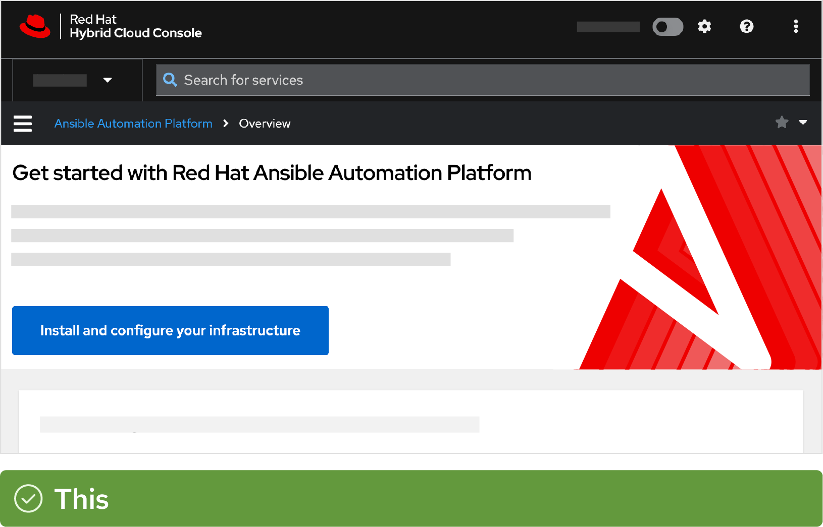 A screenshot of the Red Hat Ansible Automation Platform homepage on the Red Hat Hybrid Cloud Console. The page hero banner includes a description of the product on the left and decorative platform artwork for Ansible on the right.