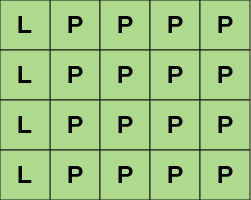Example of an AI model that can operate together with the newly fine-tuned weights 5X4 grid with the cells of the first column containing the letter "L". All other cells contain the letter "P"
