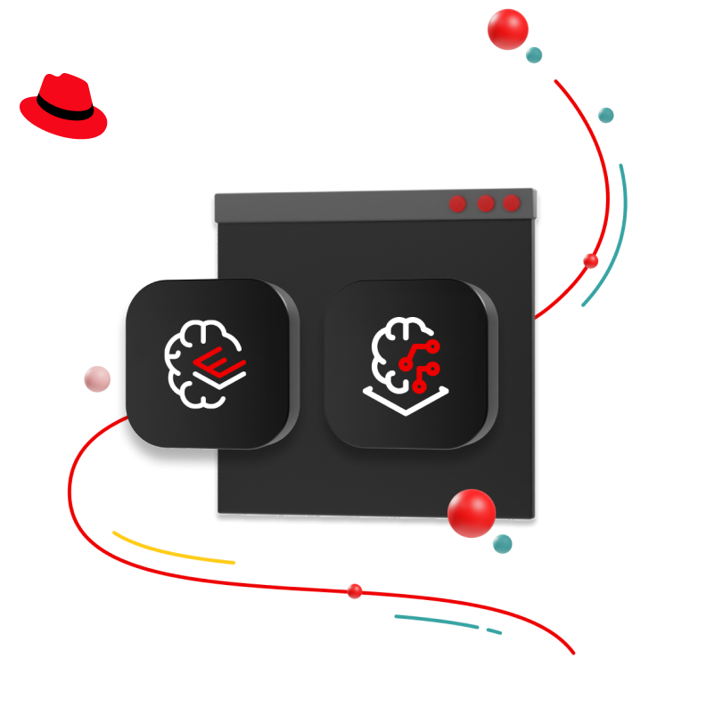 Um navegador flutuando no espaço com dois quadrados com cantos arredondados. Em um deles, está o ícone da solução Red Hat Enterprise Linux. No outro, o ícone do OpenShift AI.