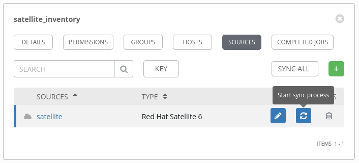 Sources tab showing the Start sync process icon