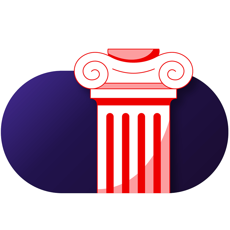 red and white column graphic on purple background