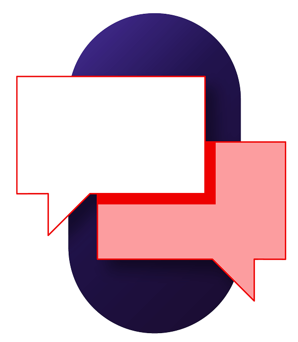 red and white talk bubbles on purple background