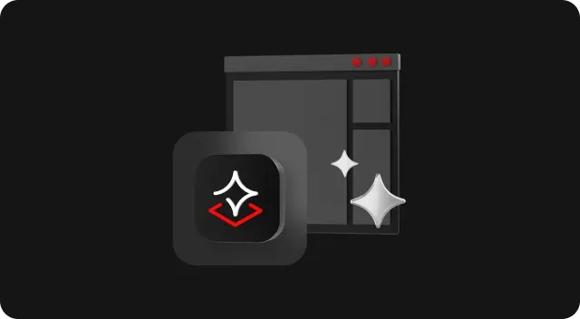 A stylized icon with a star and red chevron in front of a sparkling user interface panel