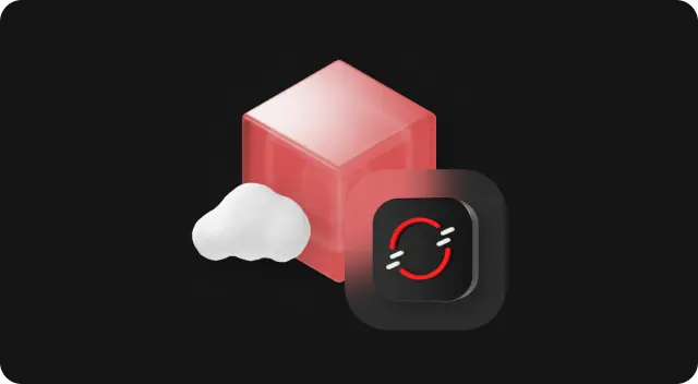 A red cube, a cloud, and a dark icon with circular arrows symbolizing agile integration
