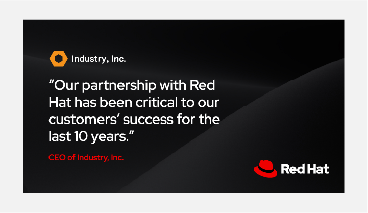 Ad featuring a partner quote in Red Hat font and the Red Hat logo.