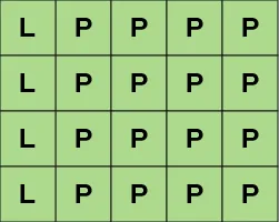 Example of an AI model that can operate together with the newly fine-tuned weights 5X4 grid with the cells of the first column containing the letter "L". All other cells contain the letter "P"