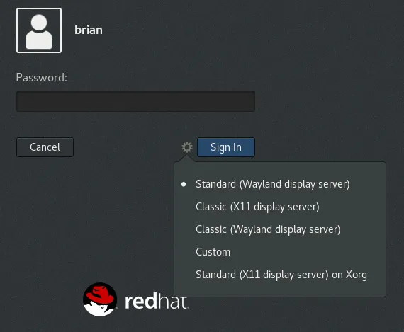 Select the Classic (Wayland display server) GNOME on RHEL 8