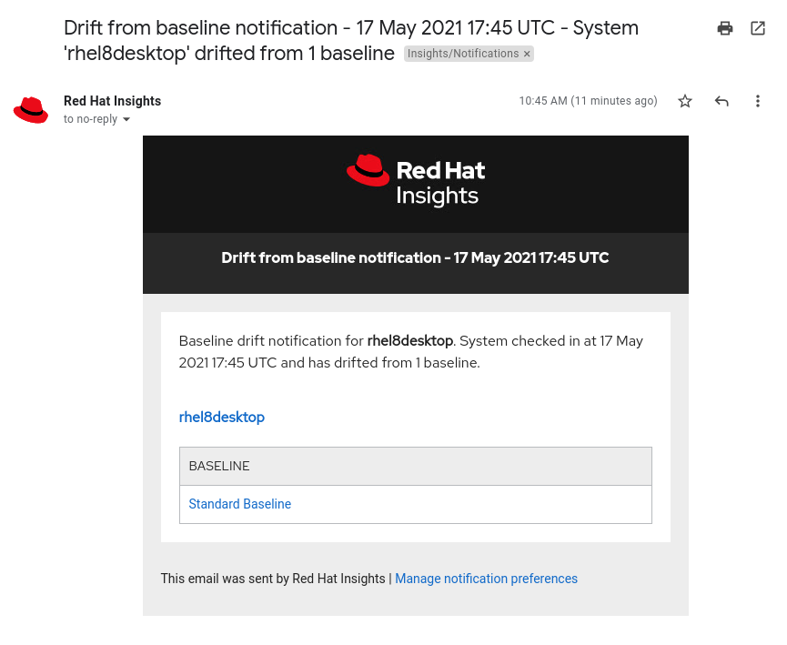 Example of an email received for a ‘Drift from baseline detected’ notification