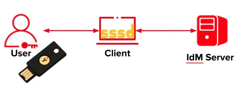 This image shows the flow of a regular user using a FIDO2 device to authenticate in a centralized Identity Management environment