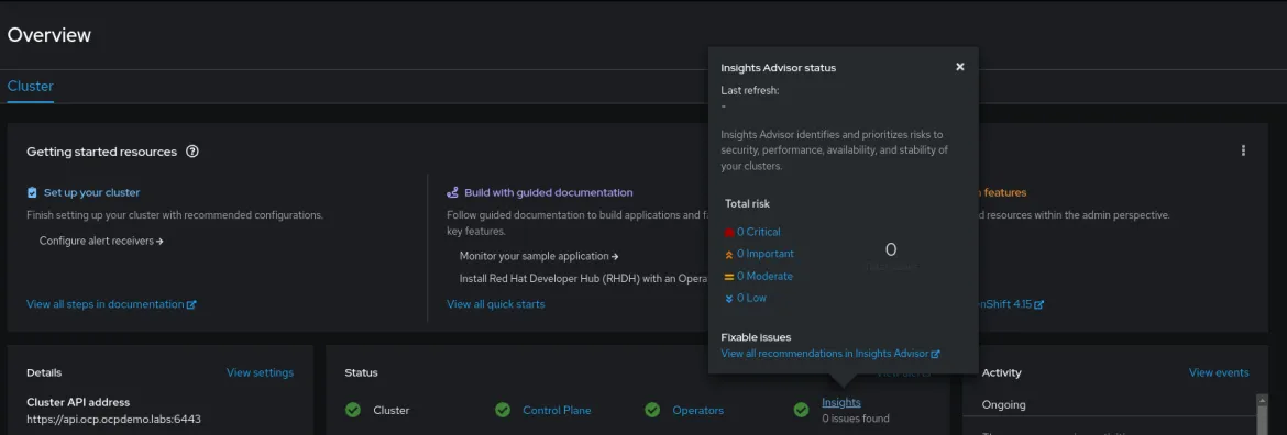 Insights for OpenShift cluster