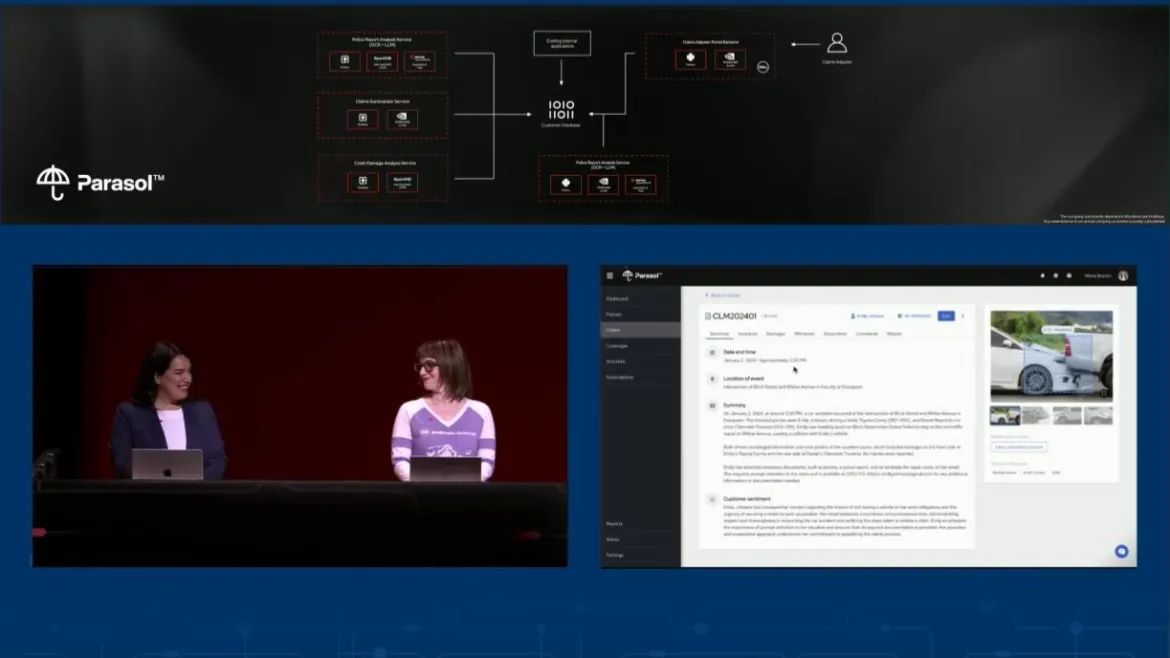 Parasol Claims system view with Maria Bracho and Máirín Duffy at the main stage presenting the demo as a claim adjuster and developer, respectively.