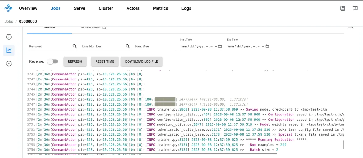 Figure 4. Logs from Ray Dashboard show completion of the fine-tuning process of the model.