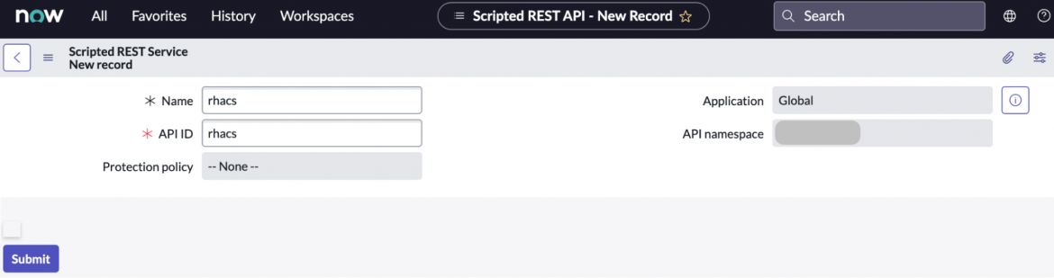 Figure 1: New Scripted REST Service in ServiceNow