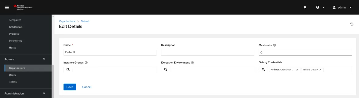 Updating organization settings with Ansible automation hub credential