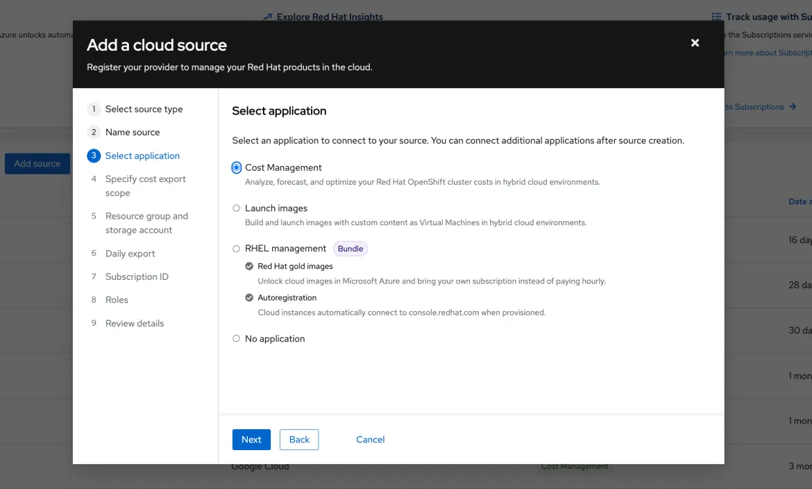 Screenshot of selecting the Cost Management application