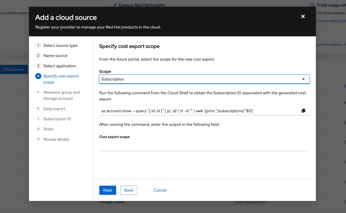 Screenshot of specifying the cost export scope