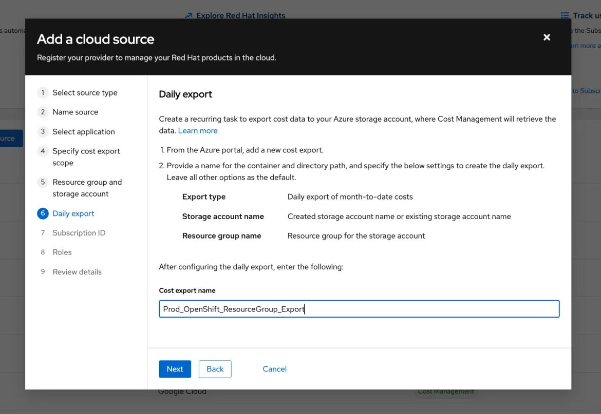 Screenshot of specifying the cost export name