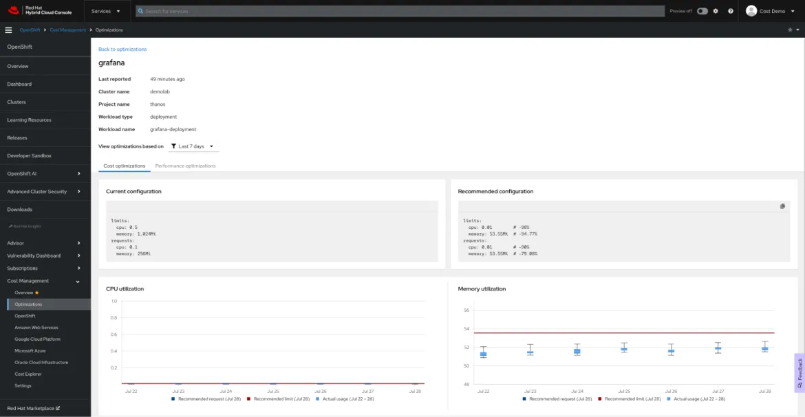 Resource optimization for OpenShift using Red Hat Insights cost management