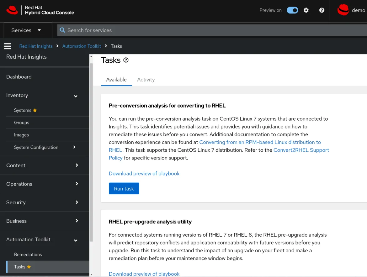 Red Hat Insights screenshot showing pre-conversion analysis task