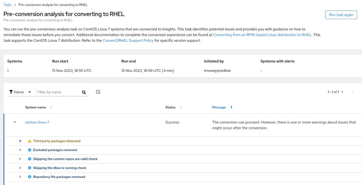 Red Hat Insights screenshot showing results of pre-conversion analysis