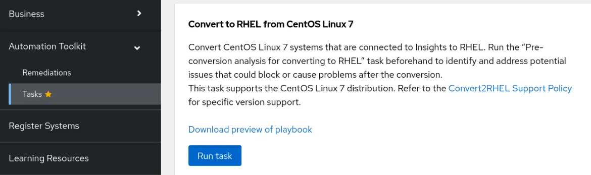 Red Hat Insights screenshot showing conversion task
