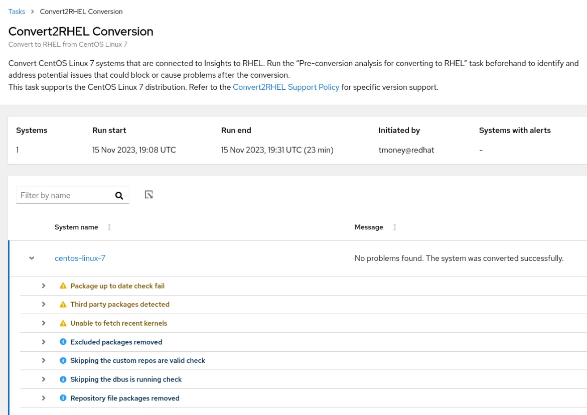 Red Hat Insights screenshot showing results of conversion