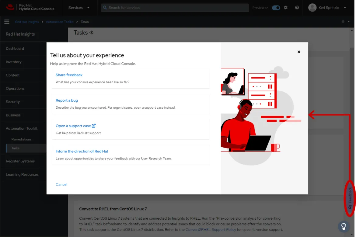 Red Hat Insights screenshot showing feedback options