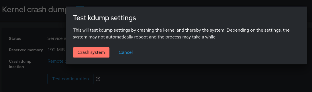 Screenshot of the "Test kdump settings" dialog box with a "Crash system" button