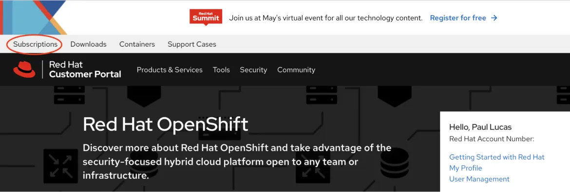 Red Hat customer portal - click on Subscriptions link