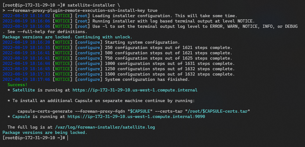 Satellite installer sample output