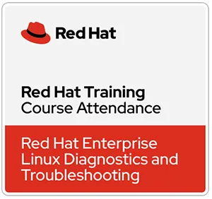 The image is a Red Hat digital badge for completing the "Red Hat Enterprise Linux Diagnostics and Troubleshooting" course, indicating verified attendance and skill acquisition.