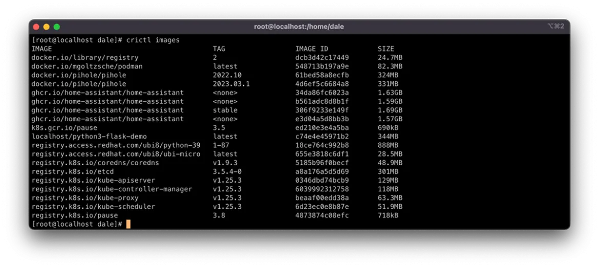 Screenshot of crictl images command results