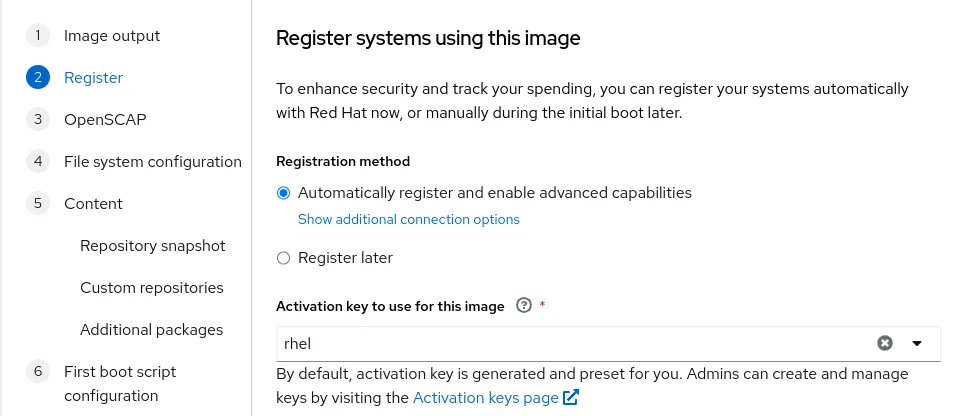 Screenshot showing the Automatically register and enable advanced capabilities registration method selected