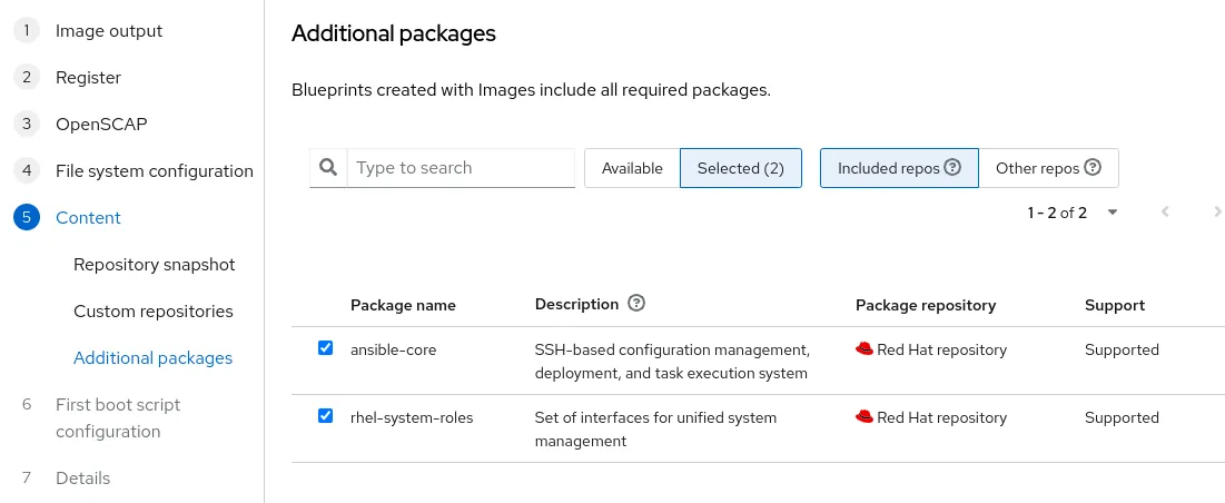 Screenshot showing the ansible-core and rhel-system-roles packages selected